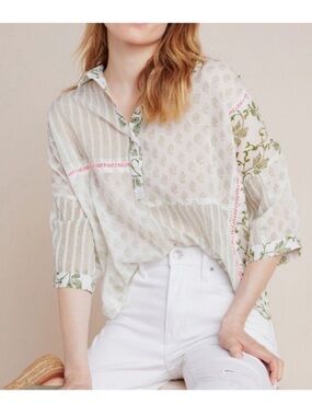 Anthropologie Amit Aggarwal Blockprint Boho Cotton Blouse Shirt Oversized Small